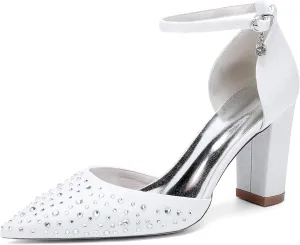 Women's Pointed Toe Wedding Shoes Block Heels Crystal Bridal Sandals Closed Toe Prom Party Dress Pumps with Buckle