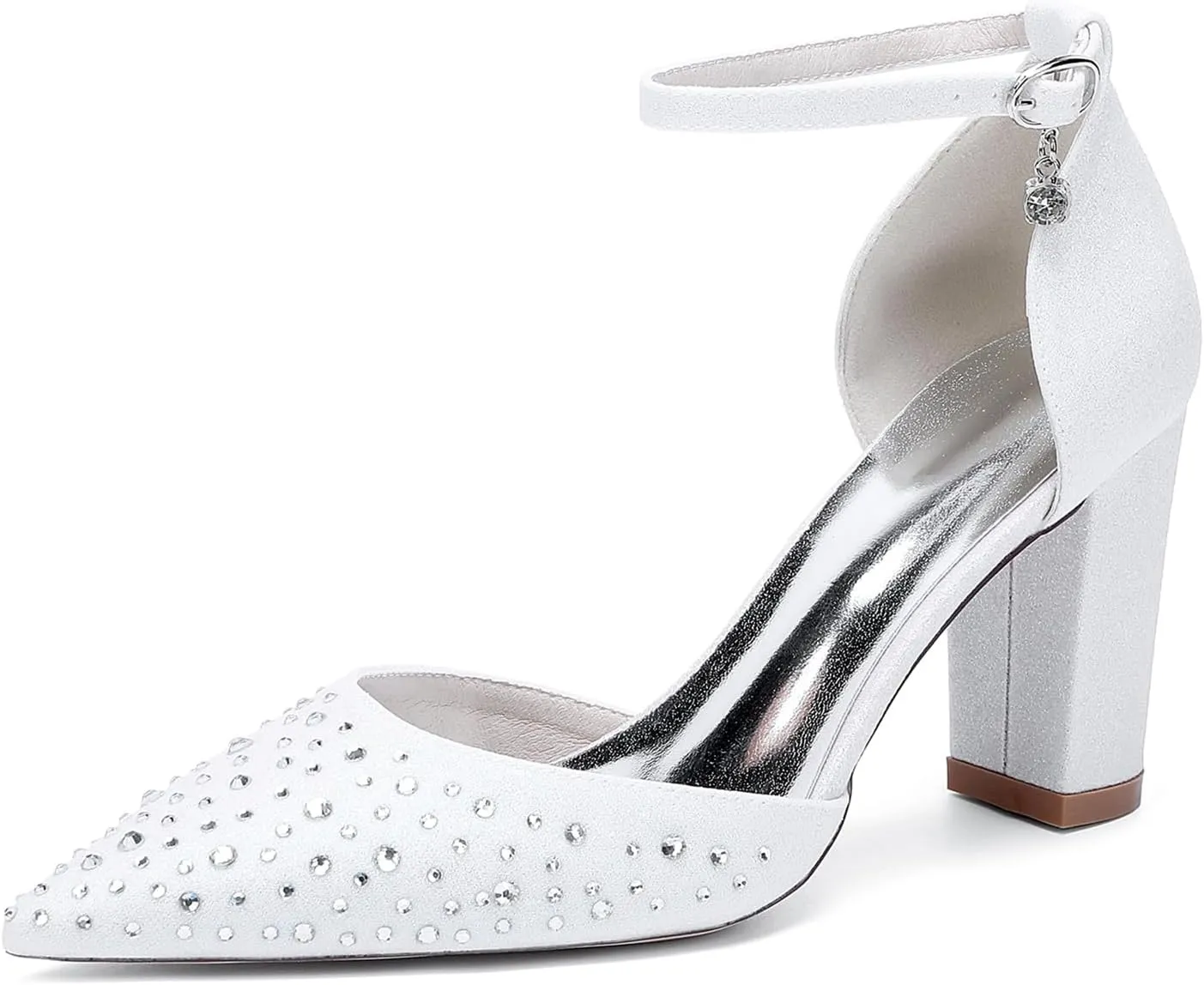 Women's Pointed Toe Wedding Shoes Block Heels Crystal Bridal Sandals Closed Toe Prom Party Dress Pumps with Buckle
