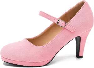 Women's Pumps Close Toe High Heels Classic Round Toe Mary Jane Comfortable Low Platform Ankle Strap Dress Shoes