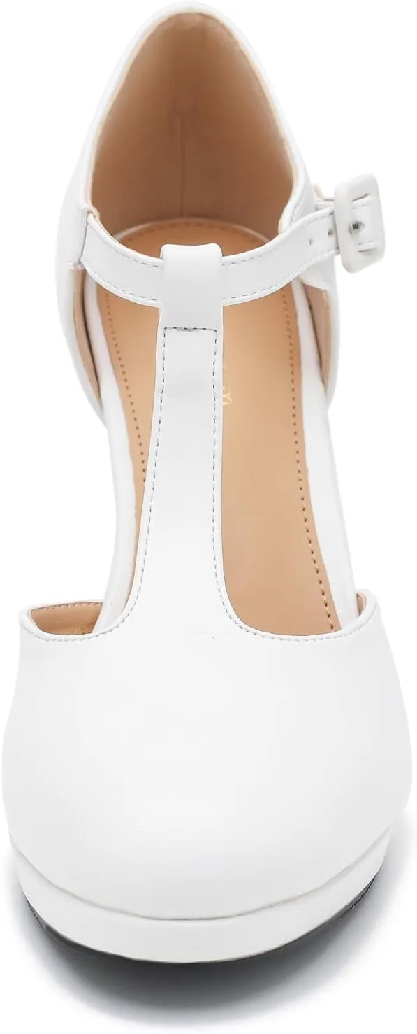 Women's Pumps Close Toe Kitten Heels Retro T Strap Mary Jane Comfortable Office Work Dress Shoes