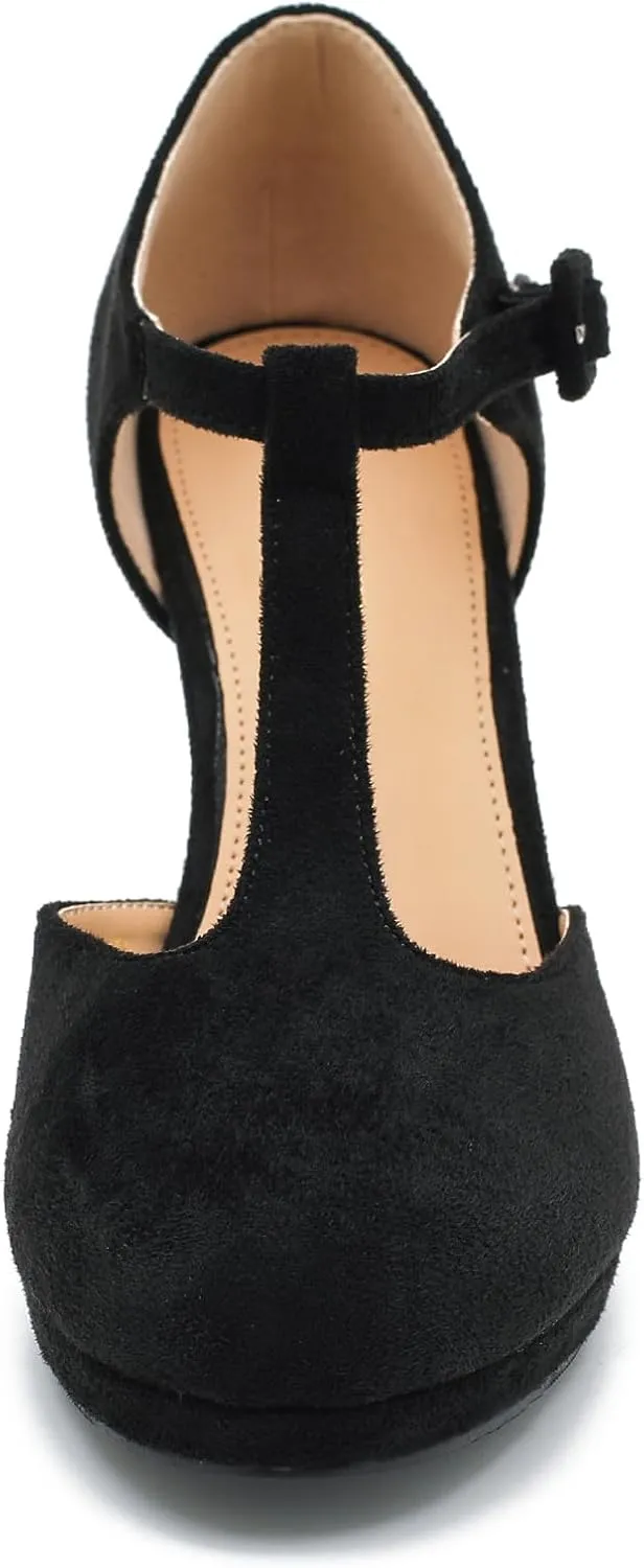 Women's Pumps Close Toe Kitten Heels Retro T Strap Mary Jane Comfortable Office Work Dress Shoes