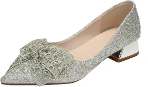 Womens Pumps Comfortable Ladies Dress Shoes Low Heel Pumps Rhinestones Bow Wedding Low Pumps Shoes