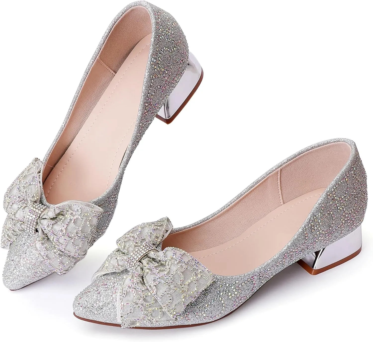 Womens Pumps Comfortable Ladies Dress Shoes Low Heel Pumps Rhinestones Bow Wedding Low Pumps Shoes