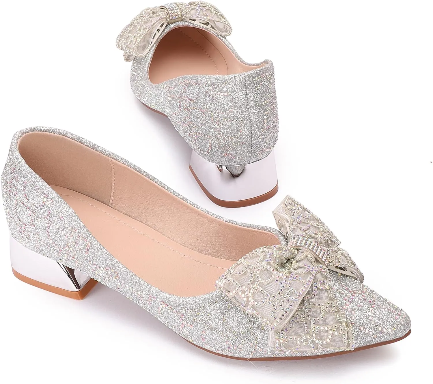 Womens Pumps Comfortable Ladies Dress Shoes Low Heel Pumps Rhinestones Bow Wedding Low Pumps Shoes