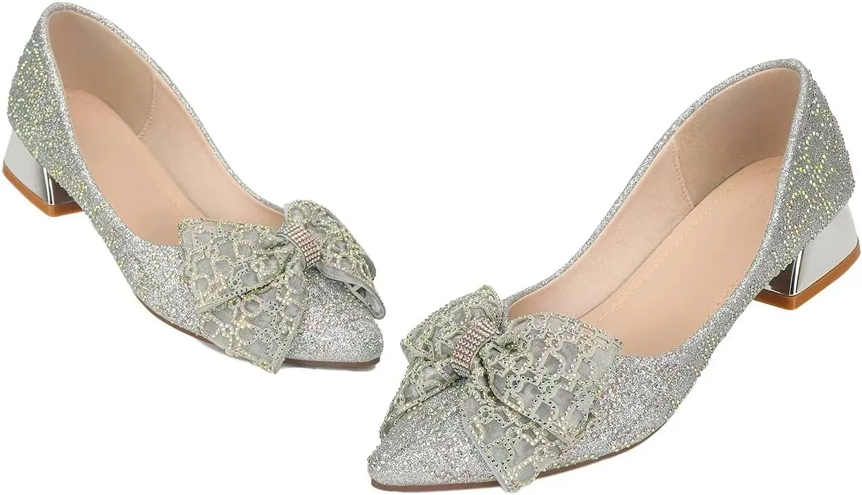 Womens Pumps Comfortable Ladies Dress Shoes Low Heel Pumps Rhinestones Bow Wedding Low Pumps Shoes