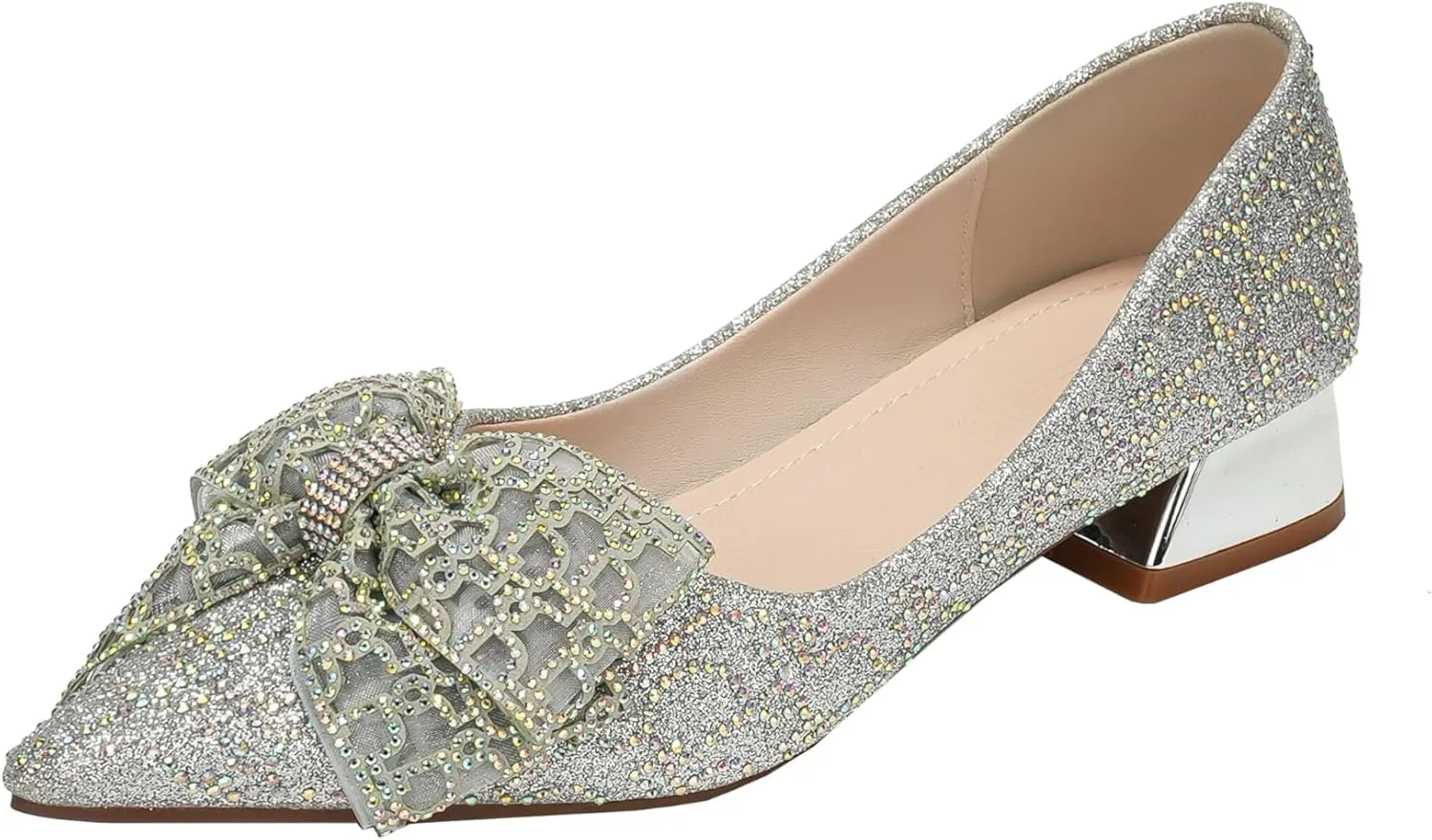 Womens Pumps Comfortable Ladies Dress Shoes Low Heel Pumps Rhinestones Bow Wedding Low Pumps Shoes
