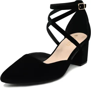 Women's Pumps Low Chunky Heeled Pump Shoes 2.3 Inch Closed Pointed Toe Cross Ankle Strap Wedding Bridal Party Office Dress Shoes