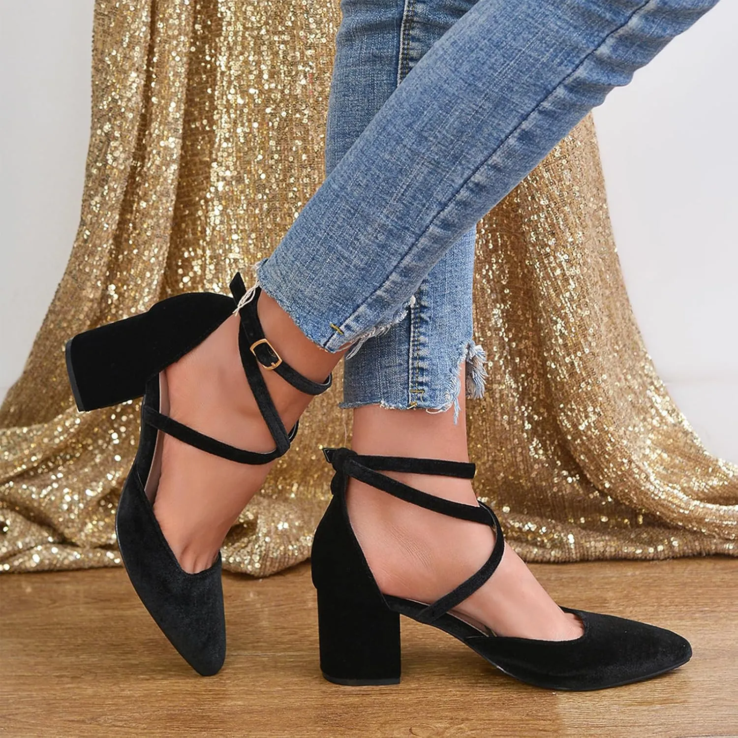 Women's Pumps Low Chunky Heeled Pump Shoes 2.3 Inch Closed Pointed Toe Cross Ankle Strap Wedding Bridal Party Office Dress Shoes