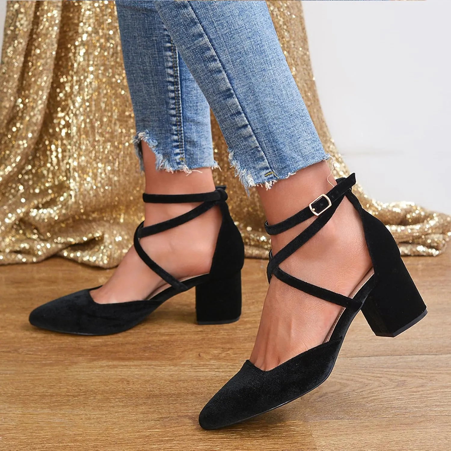 Women's Pumps Low Chunky Heeled Pump Shoes 2.3 Inch Closed Pointed Toe Cross Ankle Strap Wedding Bridal Party Office Dress Shoes