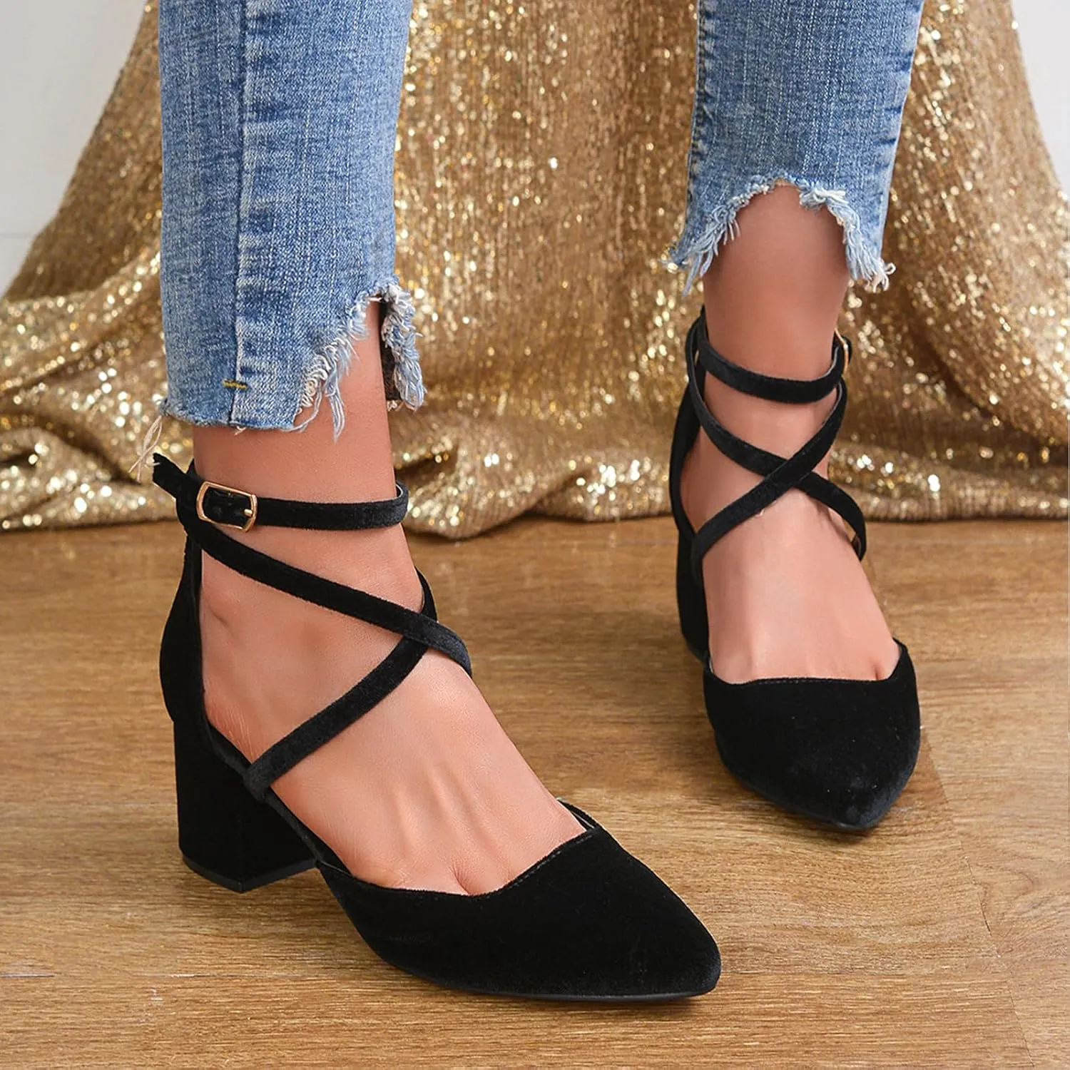 Women's Pumps Low Chunky Heeled Pump Shoes 2.3 Inch Closed Pointed Toe Cross Ankle Strap Wedding Bridal Party Office Dress Shoes