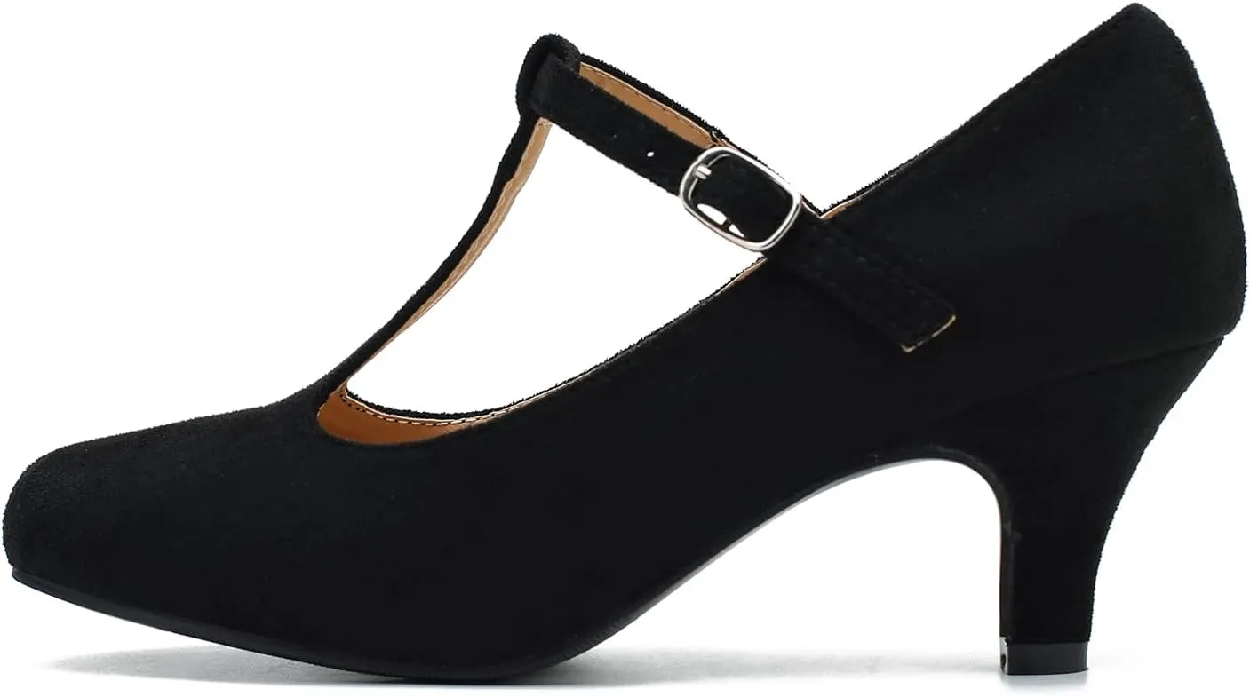 Women's Pumps Low Kitten Heels Mary Jane Retro T-Strap Comfortable Office Work Dress Shoes