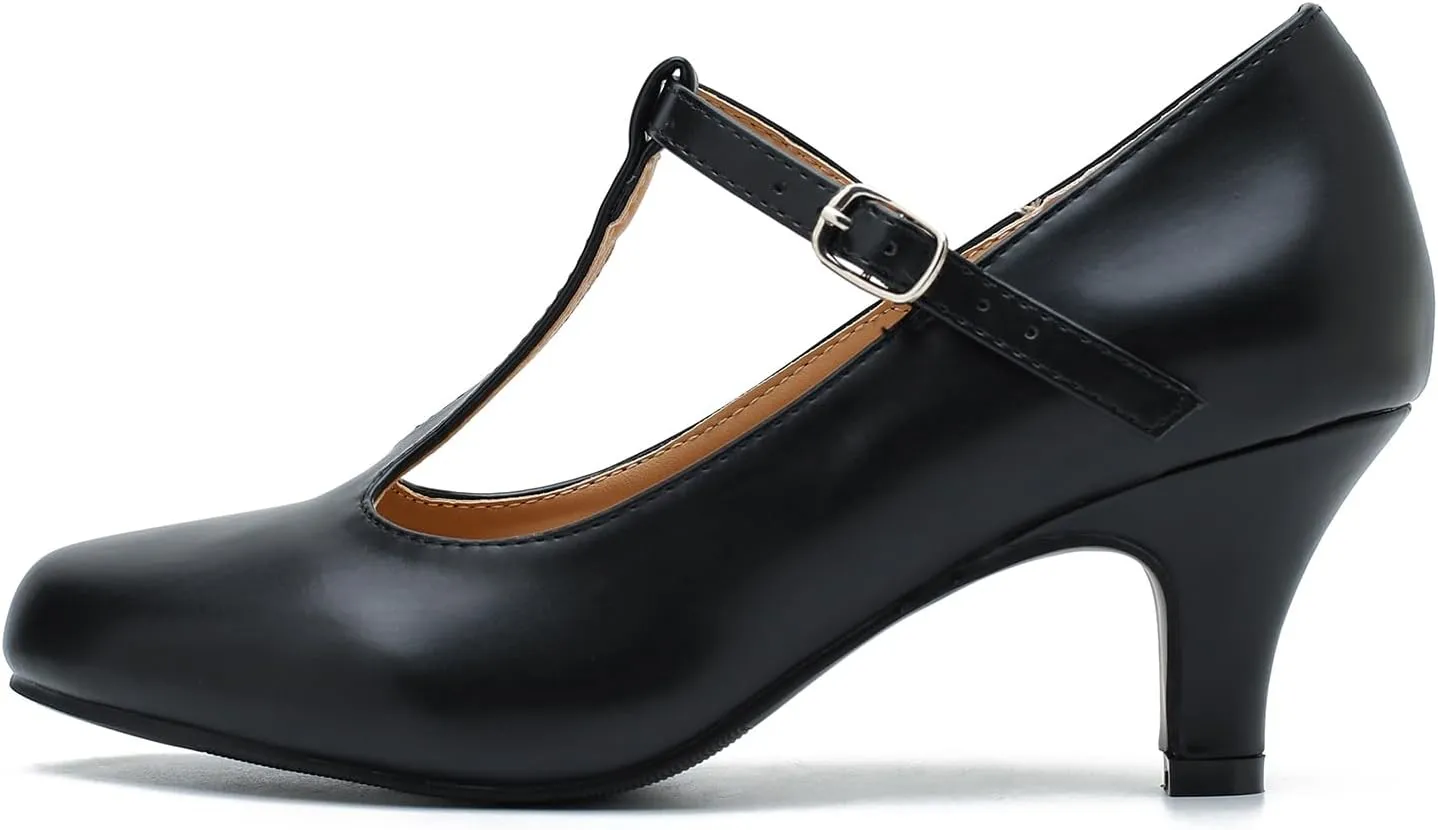 Women's Pumps Low Kitten Heels Mary Jane Retro T-Strap Comfortable Office Work Dress Shoes