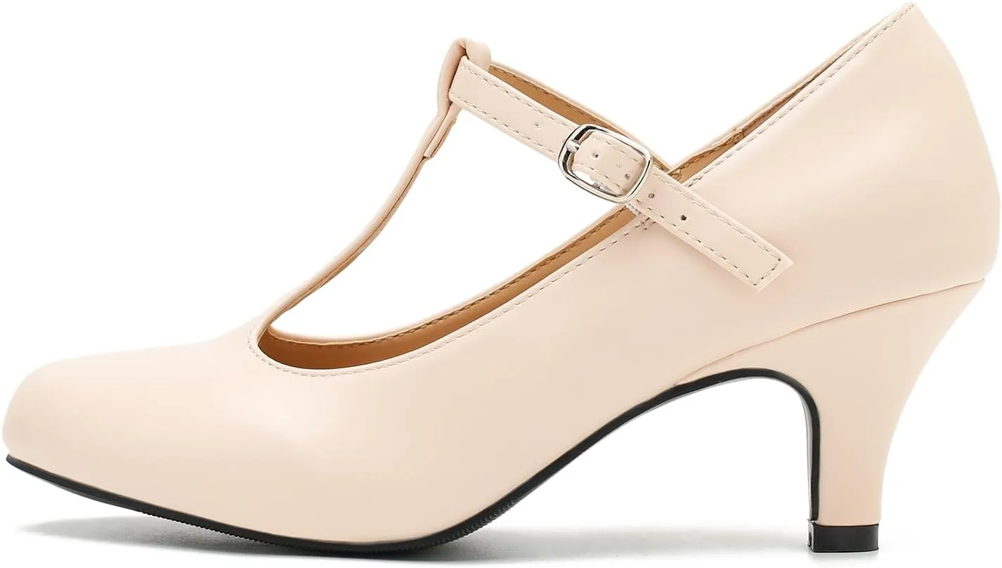 Women's Pumps Low Kitten Heels Mary Jane Retro T-Strap Comfortable Office Work Dress Shoes