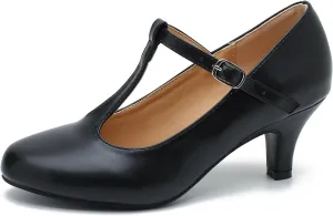 Women's Pumps Low Kitten Heels Mary Jane Retro T-Strap Comfortable Office Work Dress Shoes