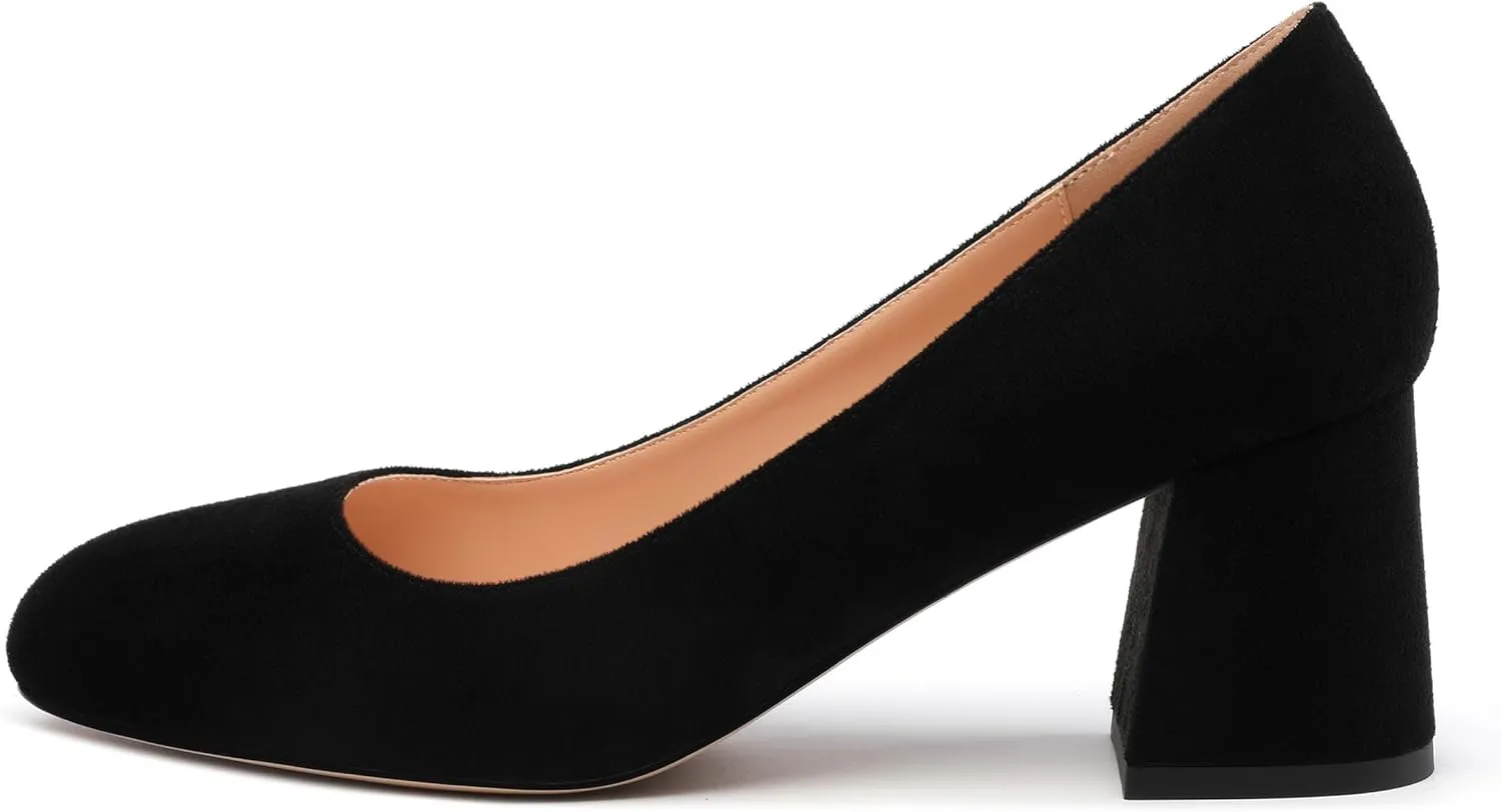 Women's Pumps, Round Closed Toe Chunky Heels, Slip On Fashion Comfort Solid Working Wedding Dressy Shoes for Women