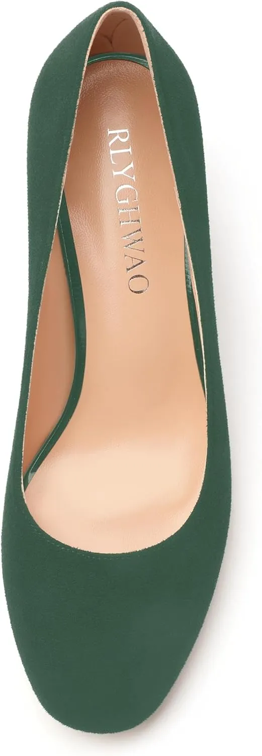 Women's Pumps, Round Closed Toe Chunky Heels, Slip On Fashion Comfort Solid Working Wedding Dressy Shoes for Women