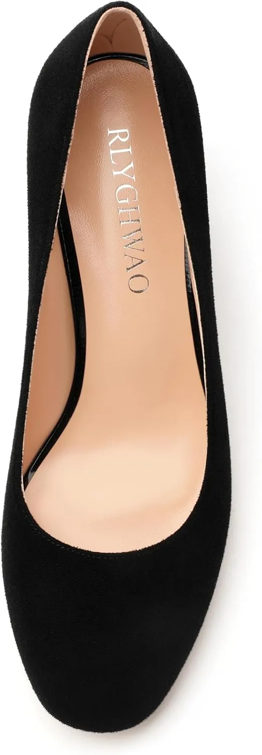 Women's Pumps, Round Closed Toe Chunky Heels, Slip On Fashion Comfort Solid Working Wedding Dressy Shoes for Women