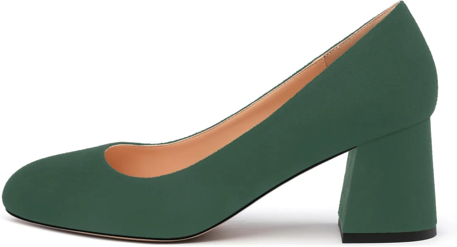 Women's Pumps, Round Closed Toe Chunky Heels, Slip On Fashion Comfort Solid Working Wedding Dressy Shoes for Women