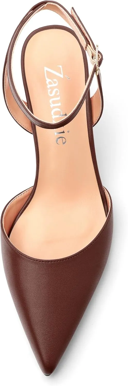Women's Pumps Slingback Kitten Heels for Women Pointed Toe Ankle Strap Buckle Casual Spool Mid Heel Pumps Comfort Fashion Dress Shoes 2.5 Inch