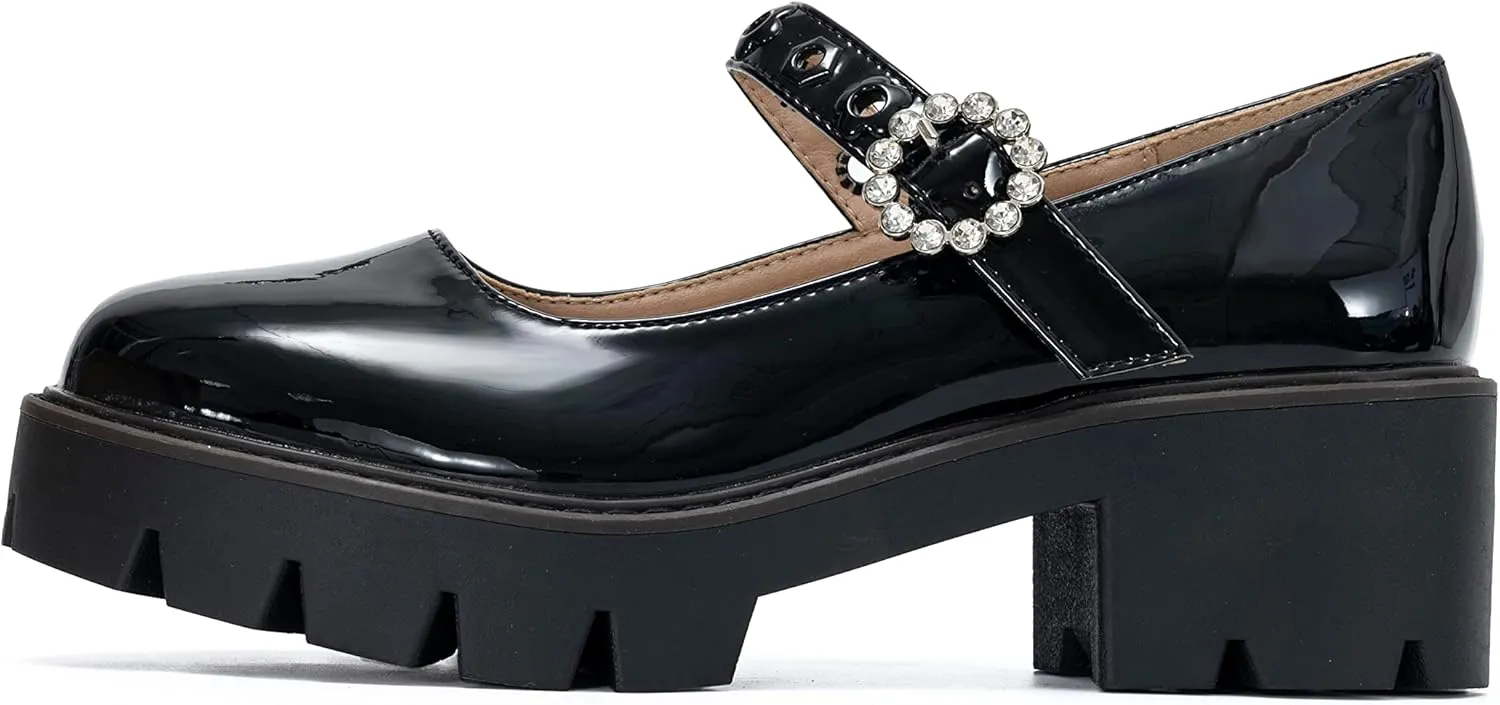 Women's Round Toe Ankle Strap Mary Janes Platform Low Heel Chunky Pumps Oxford Dress Shoes