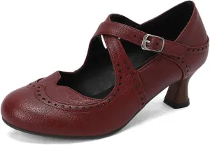 Women's Round Toe Closed Cross Ankle Strap Buckle Mary Jane Pumps Vintage Low Kitten Chunky Heels Wingtip Hollow Out Brogues Oxfords Shoes