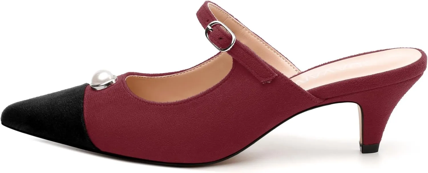 Women's Sandals, Pointed Toe Low Kitten Heels, Two Toned Patchwork Fashion Backstrap Buckle Slide Sandal for Working Wedding Party