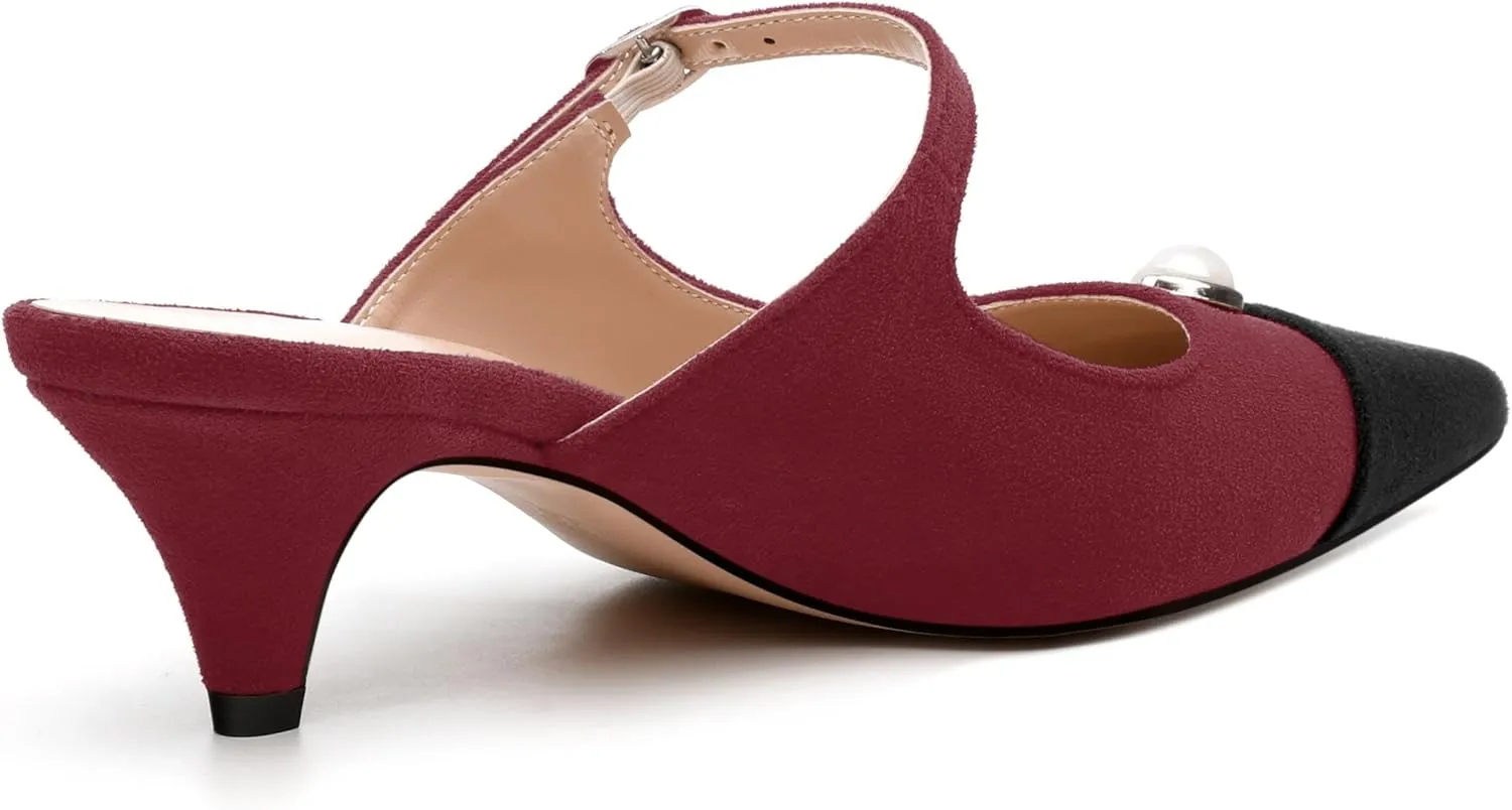 Women's Sandals, Pointed Toe Low Kitten Heels, Two Toned Patchwork Fashion Backstrap Buckle Slide Sandal for Working Wedding Party