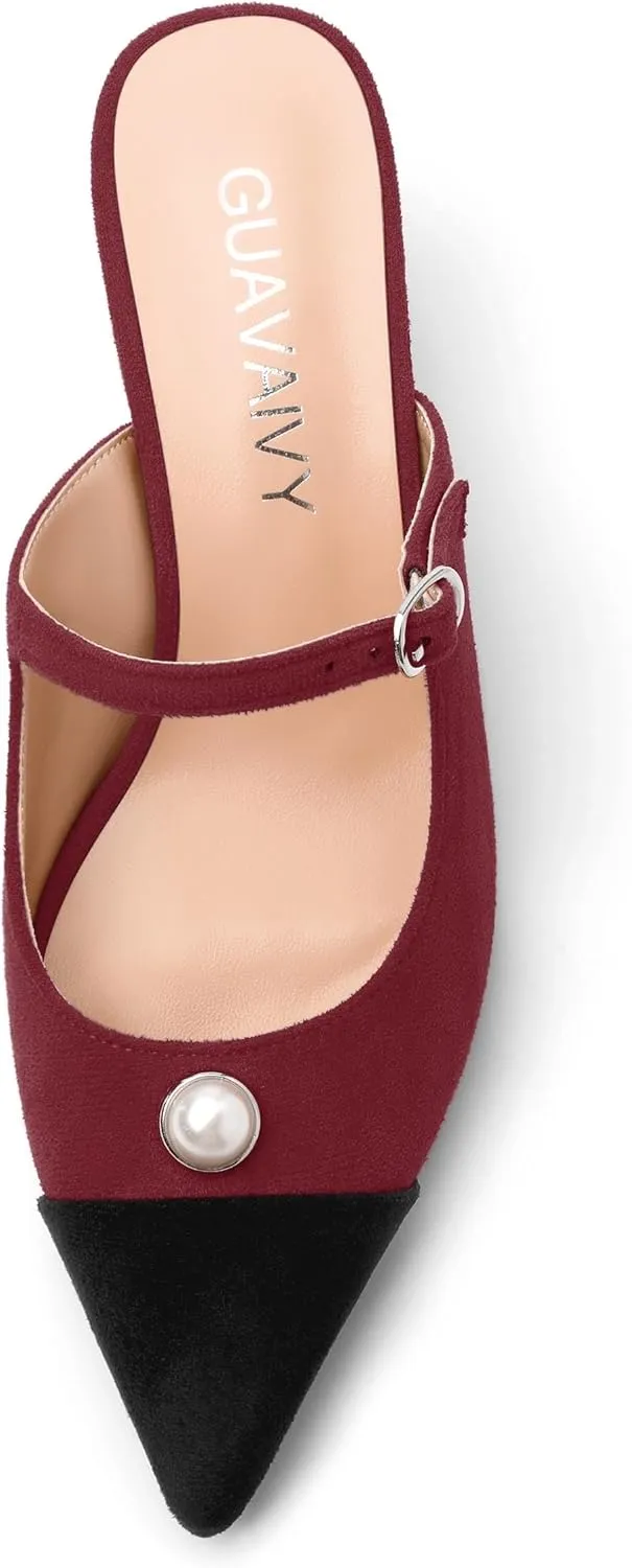 Women's Sandals, Pointed Toe Low Kitten Heels, Two Toned Patchwork Fashion Backstrap Buckle Slide Sandal for Working Wedding Party