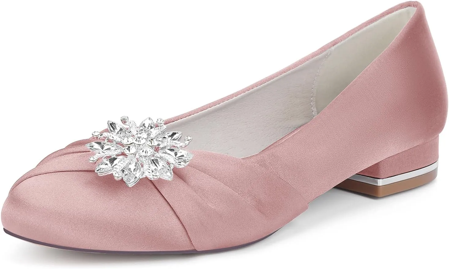 Women's Satin Bridal Shoes Rhinestone Ballet Flats Closed Toe Heel Dress Pumps Round Toe Slip on Wedding Party Court Shoes