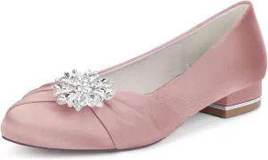 Women's Satin Bridal Shoes Rhinestone Ballet Flats Closed Toe Heel Dress Pumps Round Toe Slip on Wedding Party Court Shoes