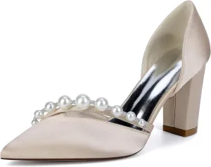 Women's Satin Bridal Shoes with Pearls Mid Block Heel Dress Pumps Pointy Toe Slip on Wedding Party Court Shoes