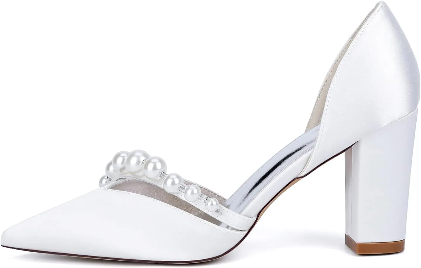 Women's Satin Bridal Shoes with Pearls Mid Block Heel Dress Pumps Pointy Toe Slip on Wedding Party Court Shoes