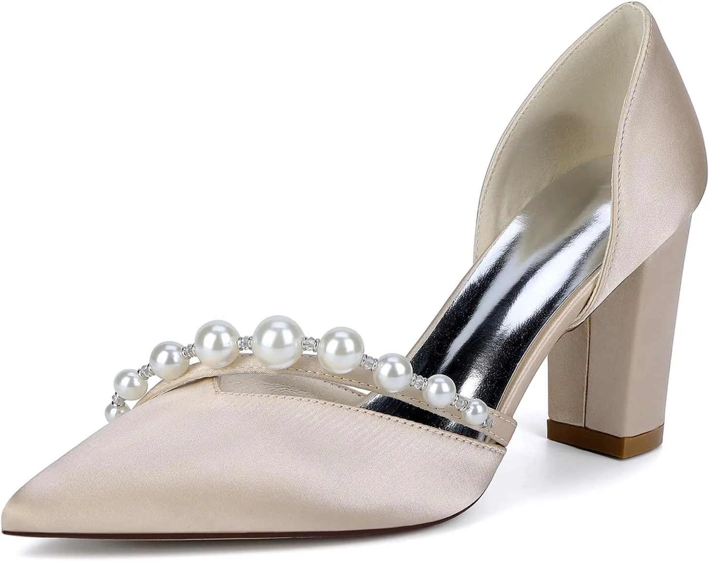 Women's Satin Bridal Shoes with Pearls Mid Block Heel Dress Pumps Pointy Toe Slip on Wedding Party Court Shoes