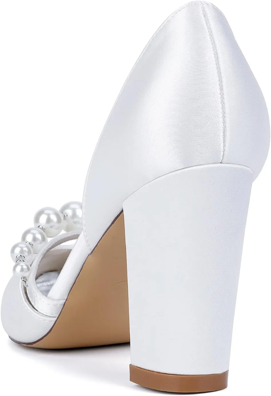 Women's Satin Bridal Shoes with Pearls Mid Block Heel Dress Pumps Pointy Toe Slip on Wedding Party Court Shoes