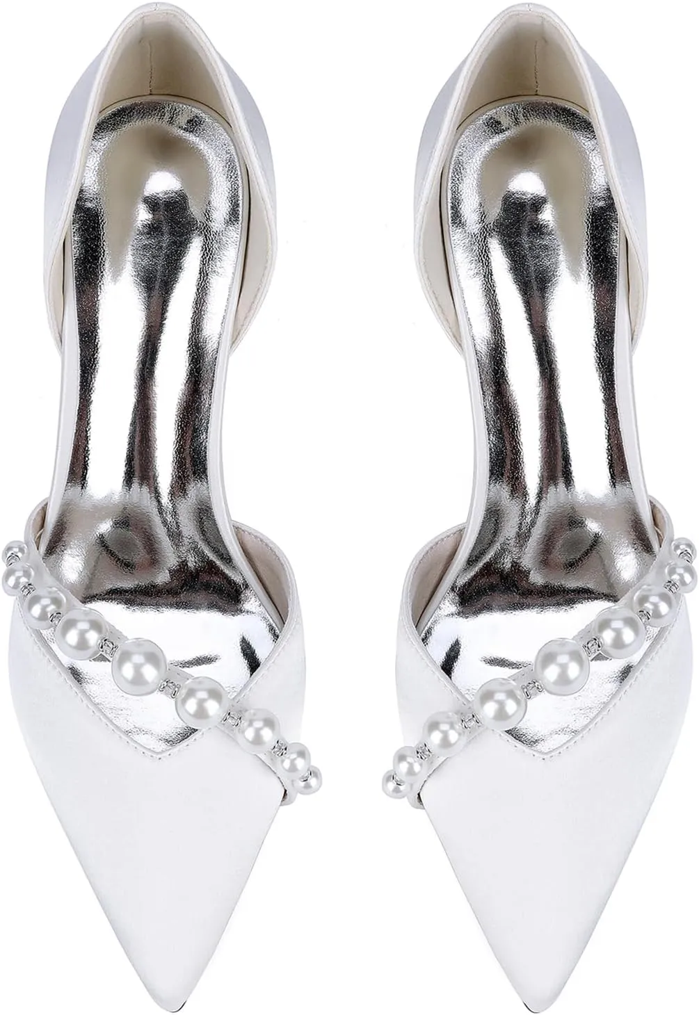 Women's Satin Bridal Shoes with Pearls Mid Block Heel Dress Pumps Pointy Toe Slip on Wedding Party Court Shoes