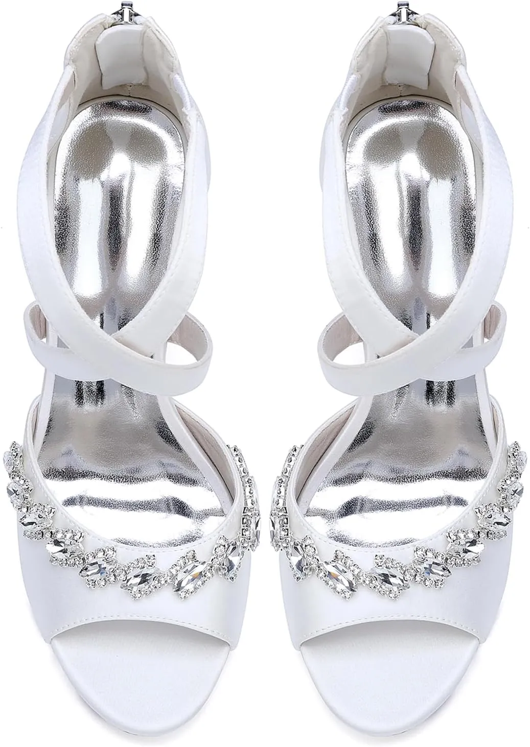 Women's Satin Peep Toe Wedding Bridal Sandals Crystal Ankle Strap Zipper Back Evening Prom Party Dress Pumps