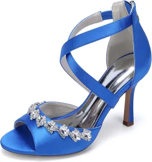 Women's Satin Peep Toe Wedding Bridal Sandals Crystal Ankle Strap Zipper Back Evening Prom Party Dress Pumps