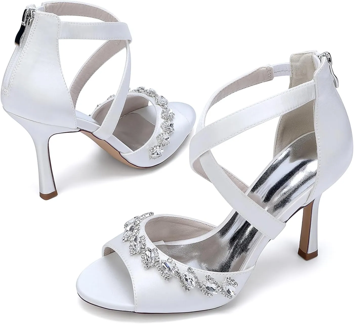 Women's Satin Peep Toe Wedding Bridal Sandals Crystal Ankle Strap Zipper Back Evening Prom Party Dress Pumps