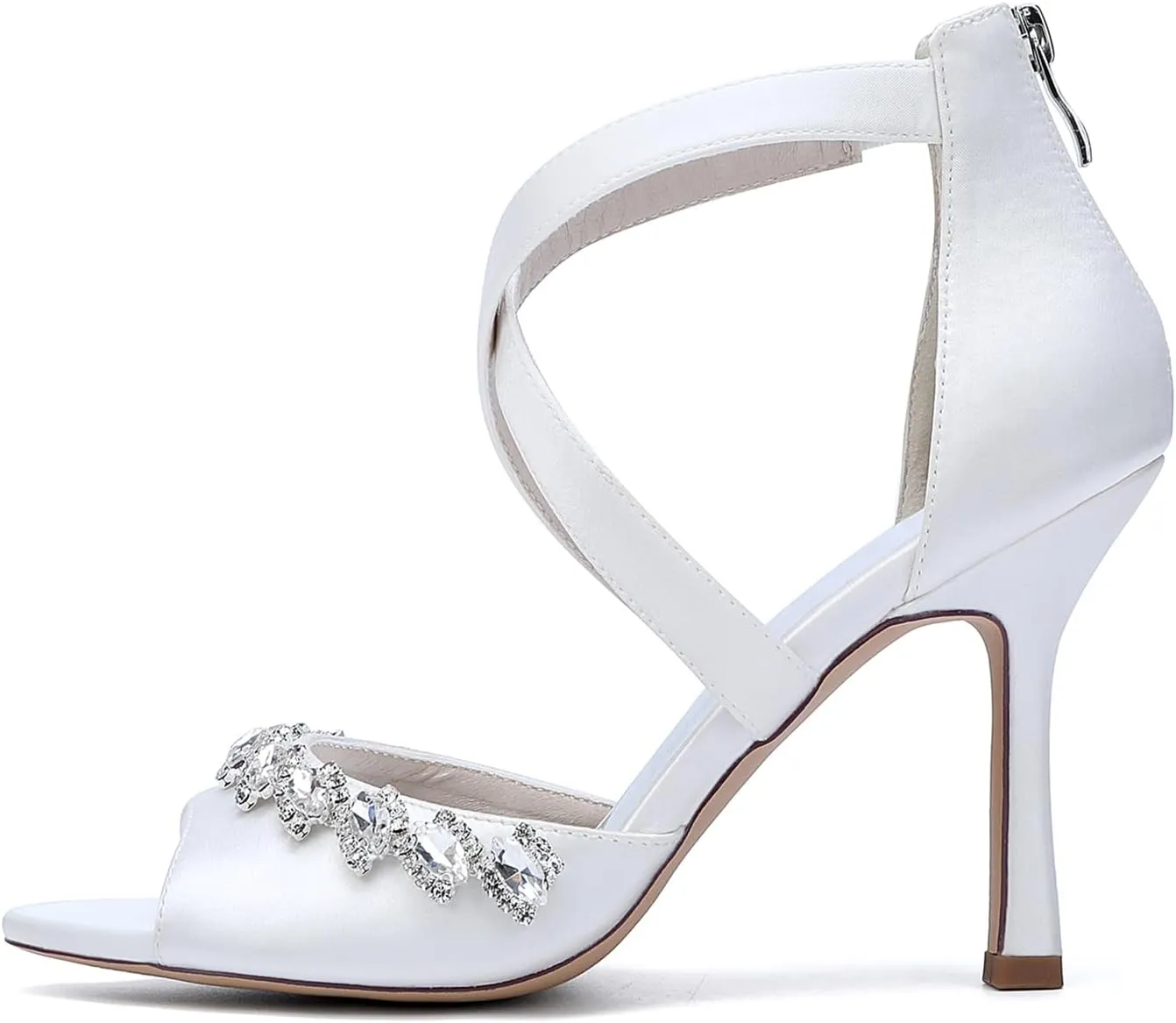 Women's Satin Peep Toe Wedding Bridal Sandals Crystal Ankle Strap Zipper Back Evening Prom Party Dress Pumps