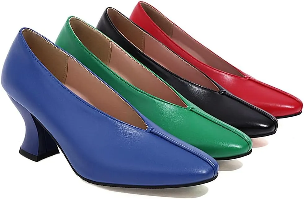 Women's Slip On Kitten Heels Pumps Shoes Comfortable Square Toe Work Office High Heeled Dress Shoe