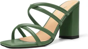 Womens Slip On Matte Open Toe Evening Dress Block High Heel Heeled Sandals 3.3 Inch