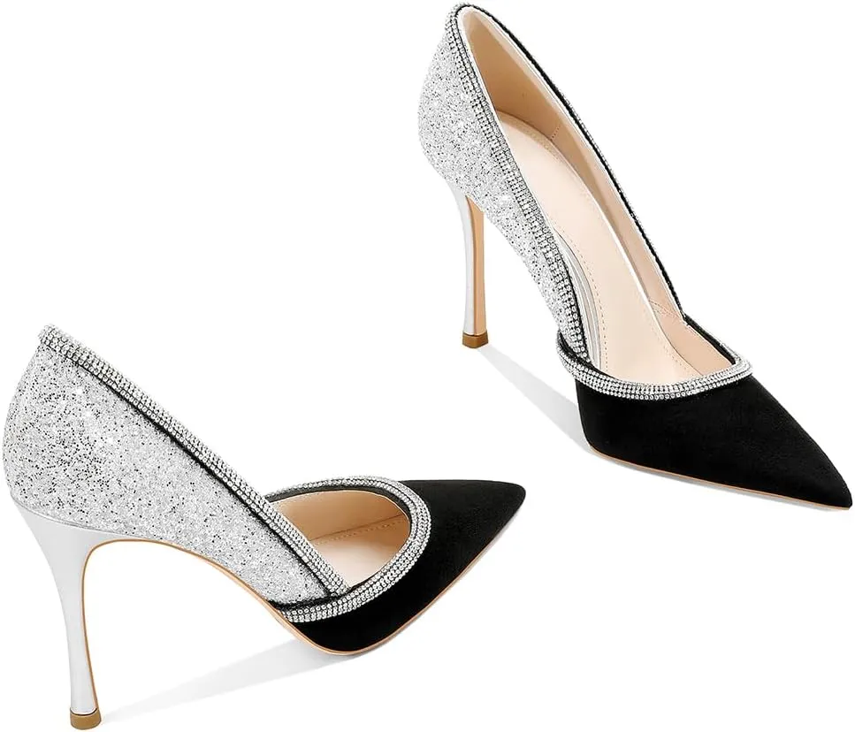 Women's Sparkly High Heels Closed Pointed Toe Pumps 3.74-inch Sexy Slip on Heels Wedding Party Pumps Shoes