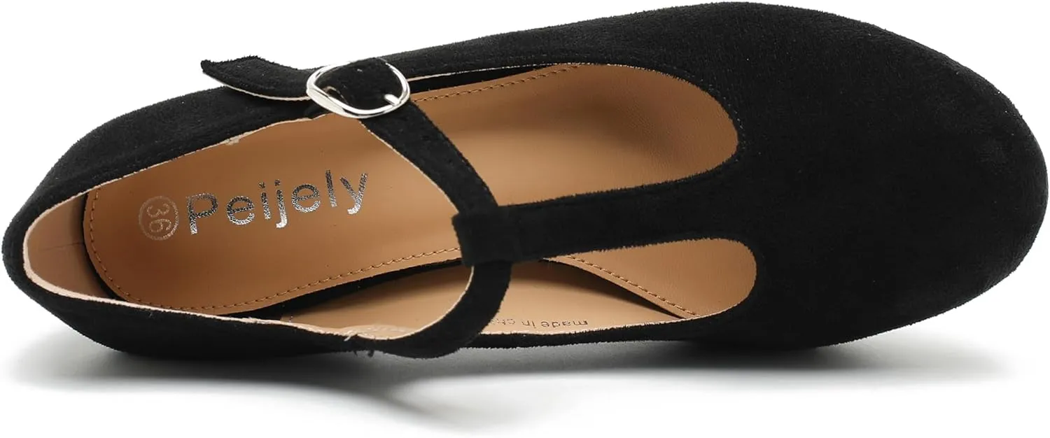 Women's T Strap Mary Jane Chunky Heel Low Block Pumps Round Toe Dress Office Work Shoes