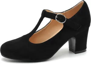 Women's T Strap Mary Jane Chunky Heel Low Block Pumps Round Toe Dress Office Work Shoes
