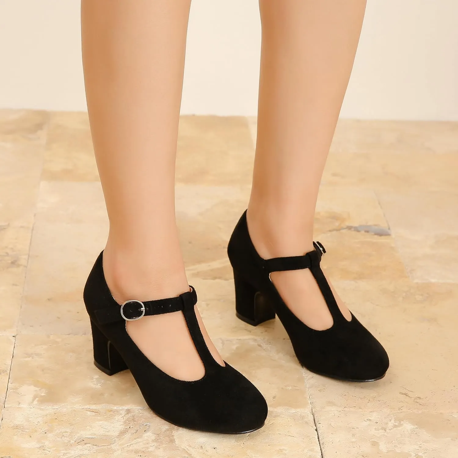 Women's T Strap Mary Jane Chunky Heel Low Block Pumps Round Toe Dress Office Work Shoes