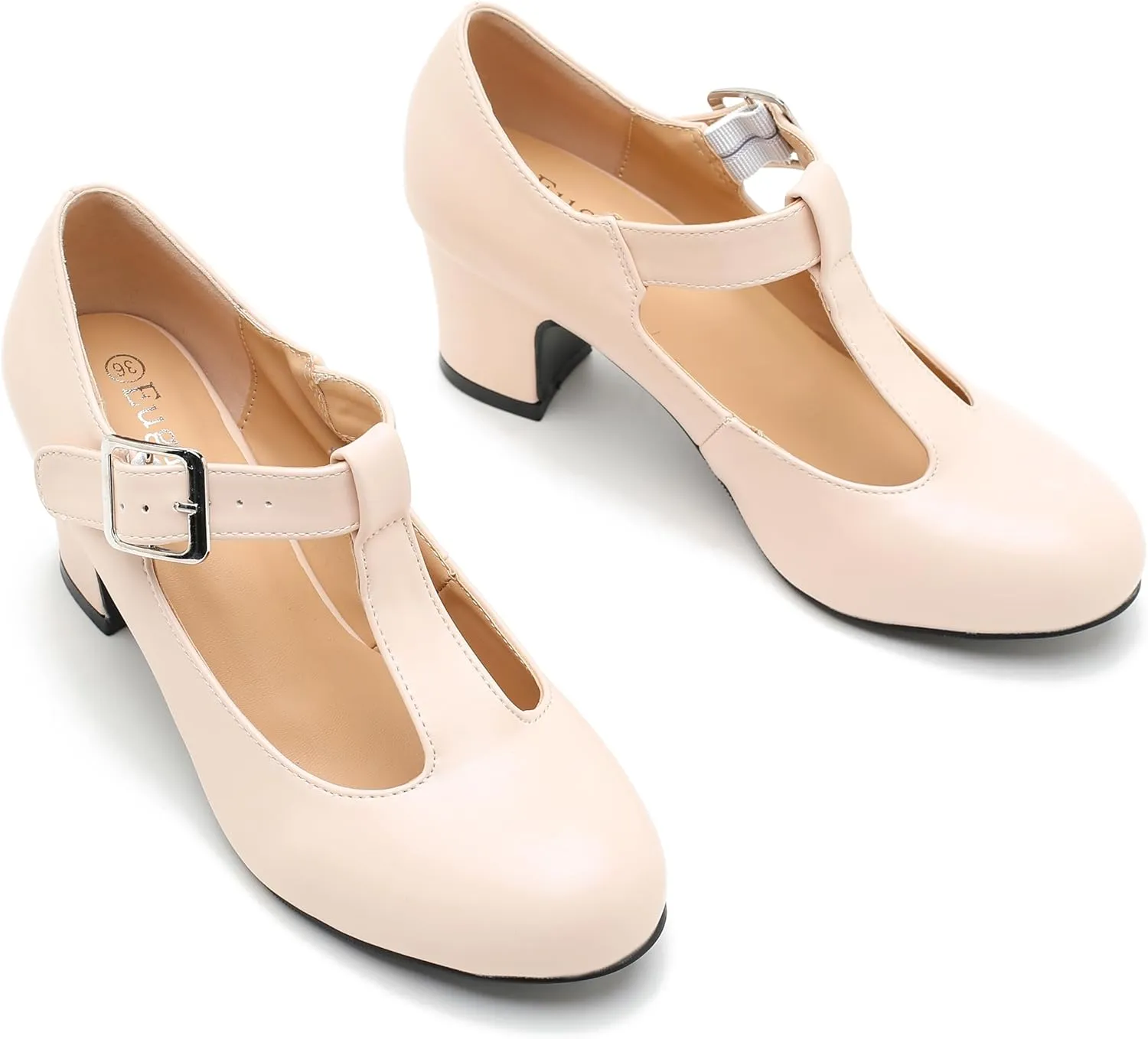 Women's T-Strap Mary Jane Pumps Round Closed Toe Comfortable Low Chunky Block Heel Wedding Dress Evening Party Shoes