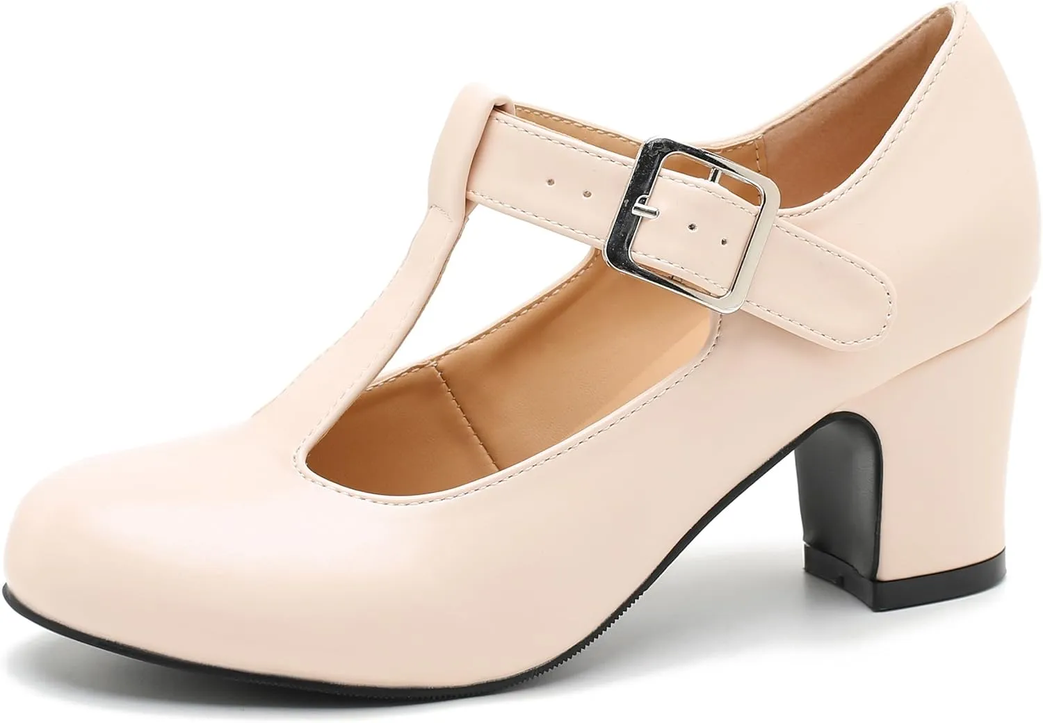 Women's T-Strap Mary Jane Pumps Round Closed Toe Comfortable Low Chunky Block Heel Wedding Dress Evening Party Shoes