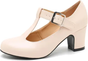 Women's T-Strap Mary Jane Pumps Round Closed Toe Comfortable Low Chunky Block Heel Wedding Dress Evening Party Shoes