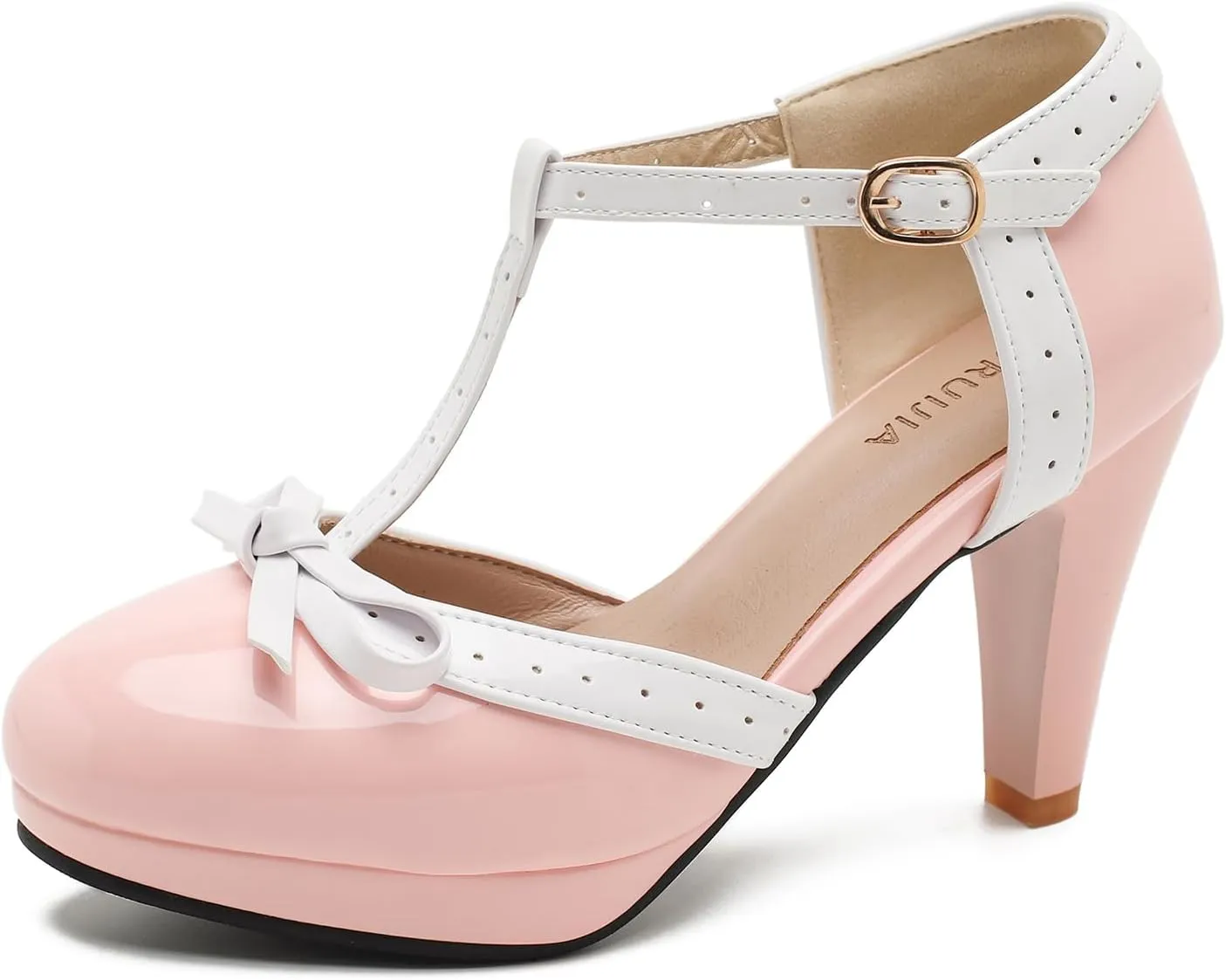 Womens T-Strap Mary Janes Platform Bow Heels Lolita Shoes Round Toe Ankle Strap Vintage 1950 Dress Shoes Oxfords Pumps Pink US 8