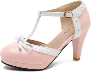 Womens T-Strap Mary Janes Platform Bow Heels Lolita Shoes Round Toe Ankle Strap Vintage 1950 Dress Shoes Oxfords Pumps